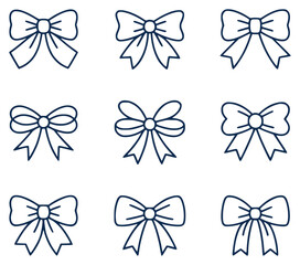 Collection of Nine Different Bow Illustrations in Navy Blue Outline