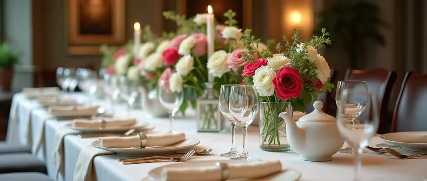Elegant wedding reception table setting with pink and white roses, as candles flicker gently; camera glides slowly along the table, showcasing a cinematic ambiance in a formal dining room.