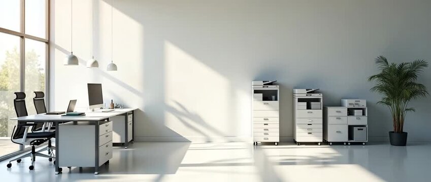 Modern office workspace with sleek desks and printers bathed in natural light, as leaves gently sway outside large windows; a smooth pan enhances this cinematic business environment.