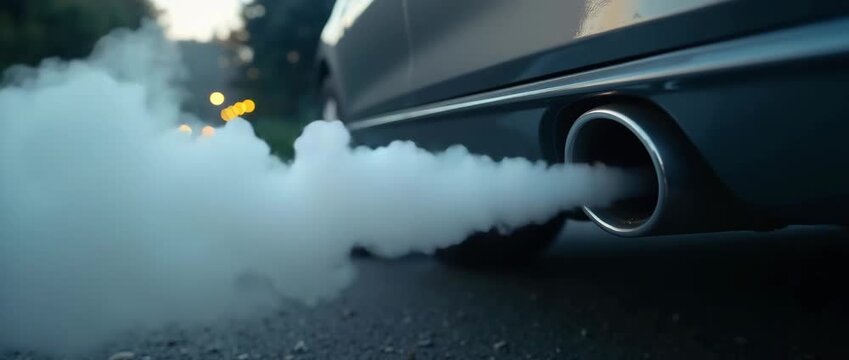 Visible smoke billows from a cars exhaust, captured against a contrasting background, emphasizing environmental concerns while incorporating ample space for informative text.
