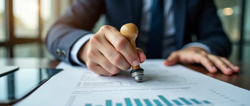 Business executive stamps approval on financial documents; slow pan across modern office, highlighting analytical charts; cinematic focus on decisive business action.