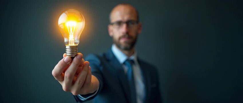 A businessman holds a glowing light bulb to symbolize invention and innovation, with a focus on connection to education and technology, allowing ample copy space for text.