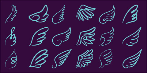 Collection of Stylized Blue Line Art Wings on Purple Background