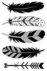 Collection of Stylized Feathers and Arrow in Black and White