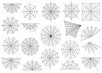 Collection of hand drawn spider webs in various shapes and sizes