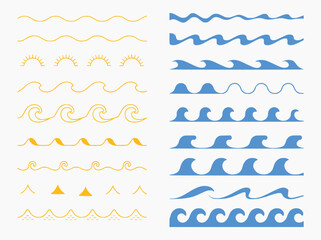 Collection of stylized wave and sun line art illustrations