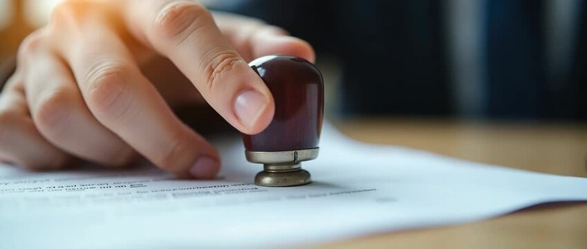 An individual pressing a rubber stamp on legal paperwork to certify contracts, ensuring focus on the act with copy space for promotional themes related to legal services.