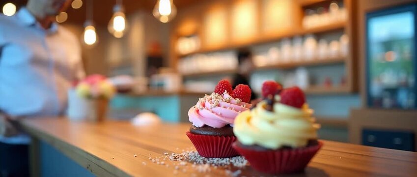 An artistic, blurred portrayal of a vibrant dessert shop, emphasizing enticing colors and shapes with ample copy space for marketing text.