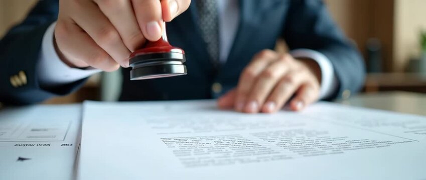 Business professional seals document in cinematic focus, with steady camera pan and gentle ambient motion in office setting, emphasizing contract authenticity and executive decision-making.