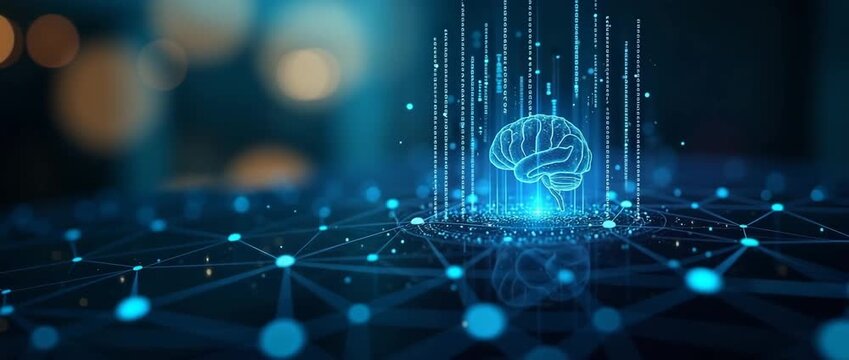 Futuristic AI brain hologram pulses with digital data streams, while the camera slowly pans to reveal a vast network of interconnected nodes, all in a sleek, cinematic style.
