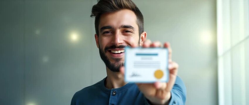 Confident man proudly displays a certificate, camera slowly pans to reveal a minimalist, modern office background, with ambient light flickering softly in a cinematic style.