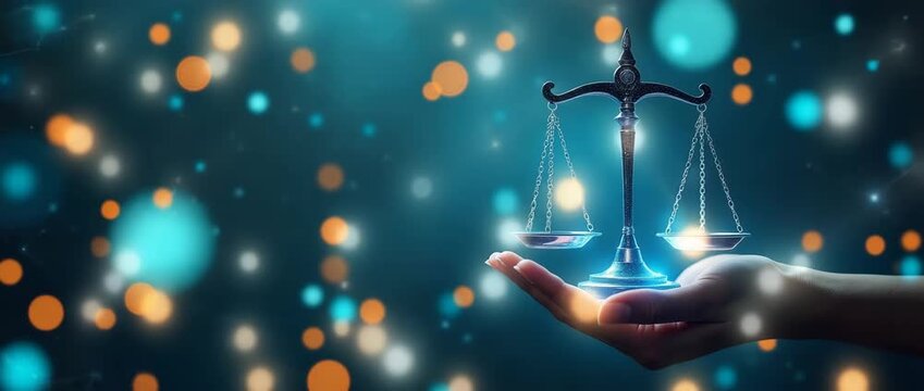 Elegant balance scales gently sway in a hand, as the camera slowly pans across a starry backdrop, creating a cinematic, symbolic representation of justice and equality.