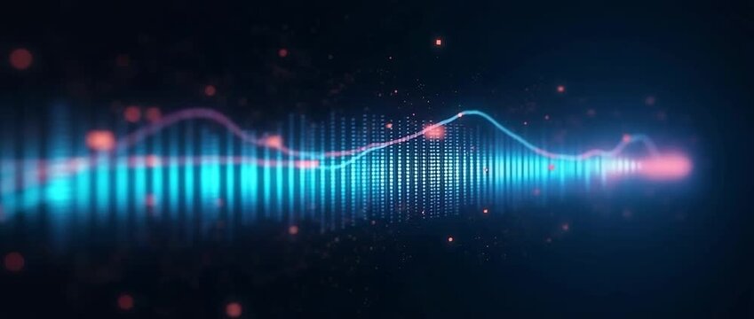 Dynamic digital waves pulse in a futuristic, cinematic style as the camera slowly pans across a vibrant data visualizer scene, with glowing lines and particles gently swirling.