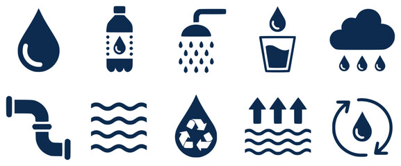 Collection of Water-Related Icons Drops, Rain, Recycling, and More