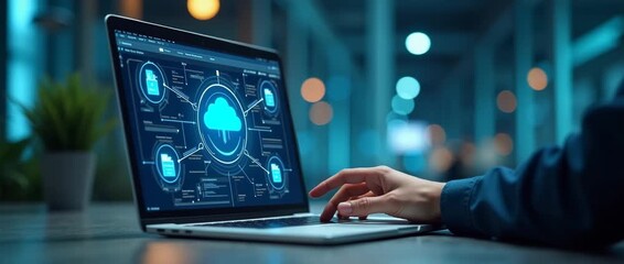 Person navigates cloud computing interface on laptop in a modern office; camera slowly pans, ambient lights flicker, cinematic style enhances technology innovation and digital transformation. - Powered by Adobe