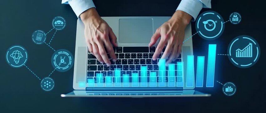 Business professional typing on laptop with floating digital icons, steady tracking camera reveals glowing data analytics on desk, cinematic style.