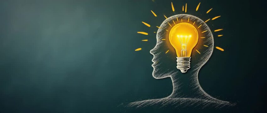 Silhouette of a human head with a glowing light bulb inside, symbolizing creativity and innovation, in a cinematic digital animation with a slow zoom and gentle ambient light flicker.