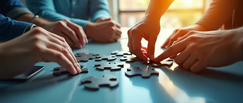 Collaborative teamwork unfolds as hands assemble a puzzle on a sunlit table, with a cinematic slow pan capturing the dynamic problem-solving process and ambient light flickers.