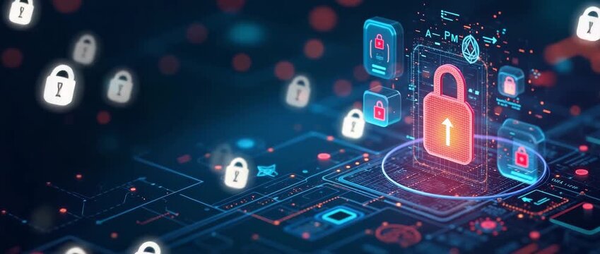 Futuristic digital security interface with locks glowing in a cinematic style, camera slowly pans over the network grid while ambient lights flicker, emphasizing cybersecurity technology.