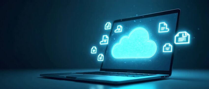 Futuristic cloud computing animation with digital data flow, as a laptop screen glows and digital icons gently pulse; cinematic slow pan captures the dynamic, tech-inspired scene.
