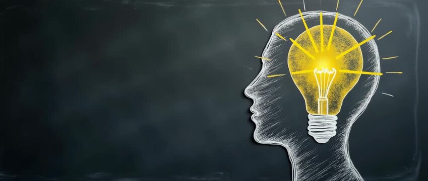 Chalk drawing of a human profile with a glowing light bulb inside, gently flickering; the camera slowly pans across the dark chalkboard background in a cinematic, educational style.