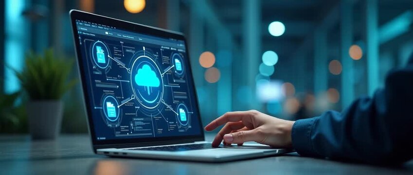 Person navigates cloud computing interface on laptop in a modern office; camera slowly pans, ambient lights flicker, cinematic style enhances technology innovation and digital transformation.