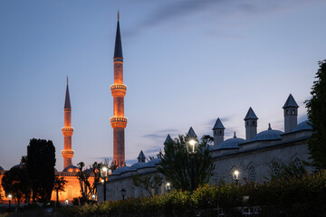 The majestic Blue Mosque, Istanbul, Turkey. It's towering minarets are lit up against the twilight sky. Blue Hour