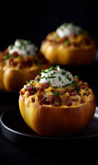 Roasted pumpkins overflowing with melted cheese, bacon bits, and herbed cream.