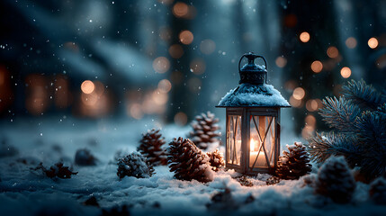 Snowy Christmas scene with a candle lit Lantern in the snow with pine cones and fir branches set against a forest background with Bokeh lights Christmas card image xmas wallpaper background