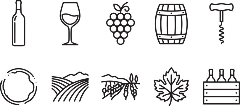 Outline vector illustration of grape, barrel, bottle, corkscrew and winery items