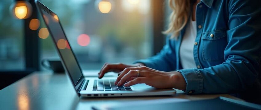Focused woman typing on laptop in cozy cafe, gentle ambient light flickers, camera slowly pans across the table, cinematic style, perfect for technology and lifestyle themes.