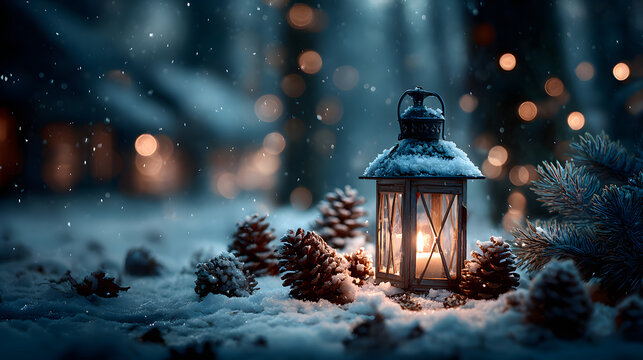 Snowy Christmas scene with a candle lit Lantern in the snow with pine cones and fir branches set against a forest background with Bokeh lights Christmas card image xmas wallpaper background - Powered by Adobe