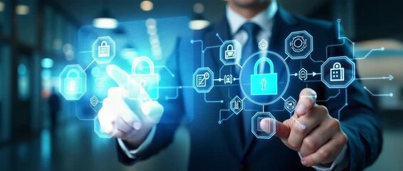 Business professional interacts with digital KYC interface on tablet; camera gently pans across modern office setting as icons subtly animate, creating a dynamic, futuristic corporate ambiance.