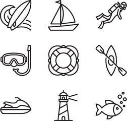 Surfboard on wave symbol representing water sport activity near ocean line art style