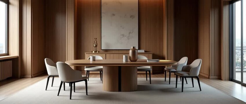 Modern boardroom elegance unfolds as chairs gently swivel, captured in a cinematic slow pan, while soft light flickers across sleek wooden surfaces, highlighting minimalist interior design.