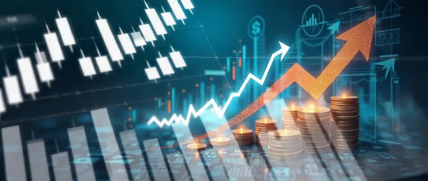 Dynamic financial growth visualization with coins stacking upward, camera slowly panning as graphs animate, in a cinematic, futuristic setting highlighting investment and market success.