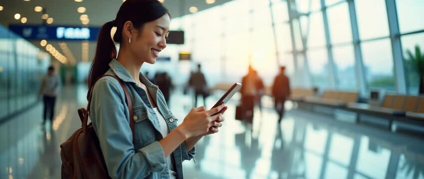Smiling traveler checks phone in bustling airport terminal as sunlight streams through windows; cinematic slow pan captures dynamic scene, highlighting modern travel and connectivity.