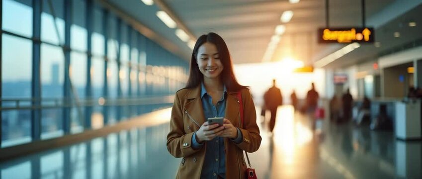Young woman walking through a sunlit airport terminal, smiling at her phone, as travelers move in the background; cinematic slow pan capturing ambient light reflections.