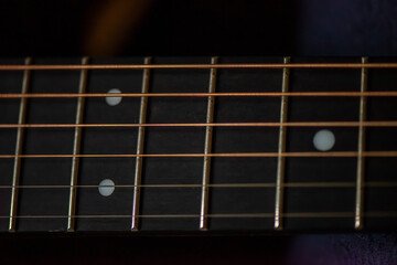 A sharp close-up photograph of an acoustic guitar highlighting its strings, wood texture, and craftsmanship. Ideal for music, instruments, creativity, and artistic product themes.