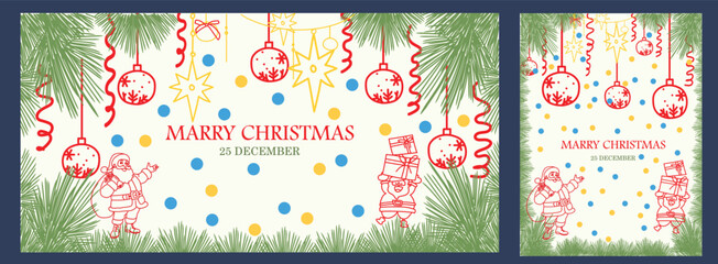 Festive Christmas card and banner vector featuring Santa, gifts, ornaments, pine branches, and colorful confetti. Perfect for holiday greetings, winter promotions, invitations, and seasonal branding.