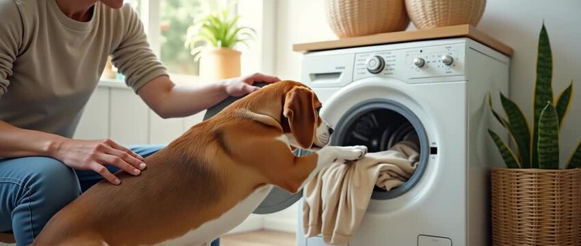 In a cheerful home setting, a beagle dog assists its family member depositing clothes into a washing machine, offering a charming scene with a generous copy space.