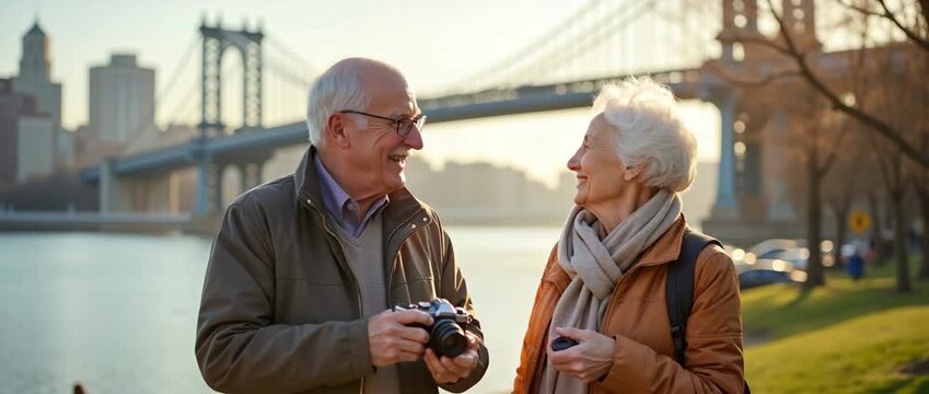 Elderly couple shares laughter and photography tips by the riverside on a sunny day, camera gently pans as bridge and cityscape provide a serene, cinematic backdrop with ambient sounds.