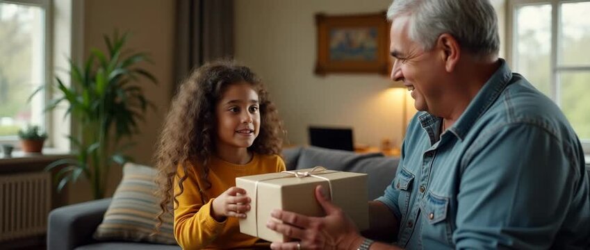 A touching moment in a living room where a plus-size father gifts his daughter for academic success, creating an atmosphere filled with warmth and joy.