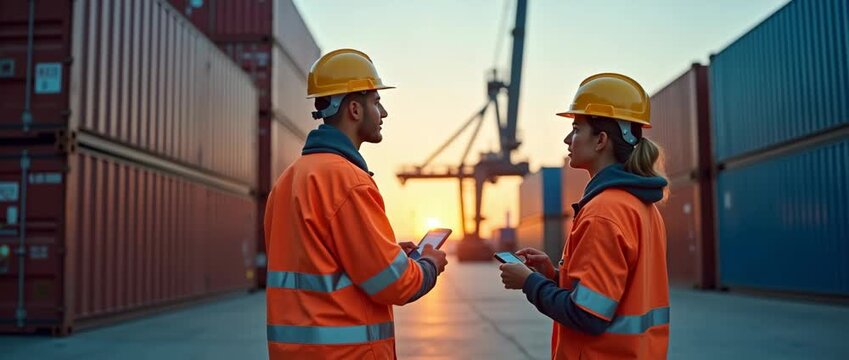 Container port workers communicate efficiently at sunset, with ships docking in the background; the camera slowly pans to capture the vibrant, cinematic logistics scene.
