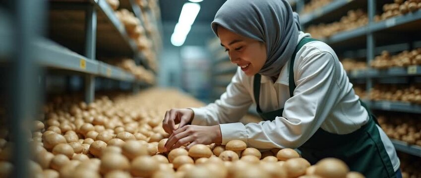 Smiling worker arranges fresh bread rolls on bakery shelves, as camera slowly pans across the bustling, ambient-lit bakery in a cinematic style, highlighting artisanal craftsmanship.