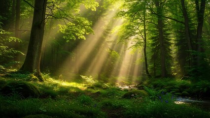 Fototapeta premium Sunlight rays streaming through a dense, lush green forest canopy