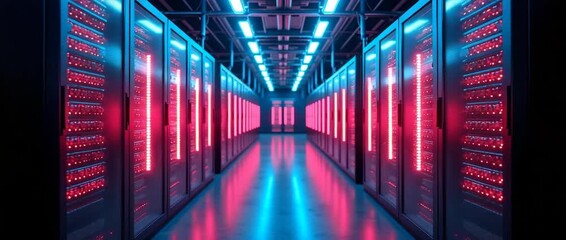 A cinematic view of a data center with servers blinking rhythmically, as the camera smoothly tracks down the aisle, capturing the ambient hum and subtle light flicker. - Powered by Adobe