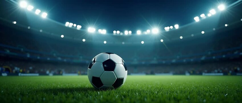 Dynamic soccer ball on vibrant stadium field; cinematic slow pan as stadium lights flicker, capturing the essence of sports excitement and anticipation in high-definition realism.