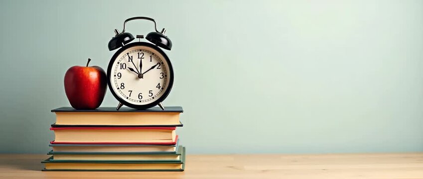 Vintage alarm clock atop stacked books beside a shiny red apple, gently illuminated by soft ambient light; camera slowly pans, capturing a serene, educational atmosphere.