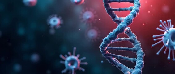 DNA helix gently rotates amid drifting virus particles, with a slow camera pan and ambient flickering lights in a cinematic, scientific exploration setting. - Powered by Adobe